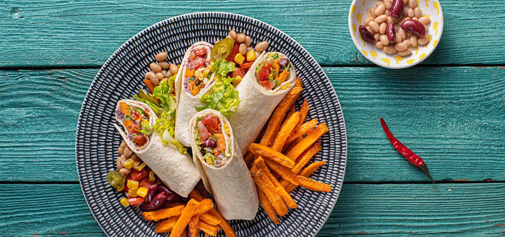 AVIKO Sweet kartoshka kartoshkasi bilan loviya va koriander kremli burrito